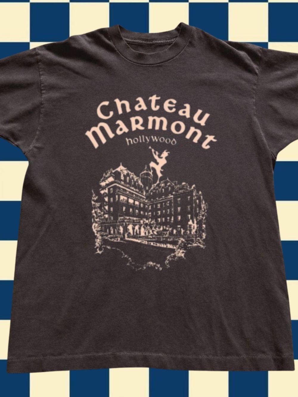 Gildan Black Tee with Cream Chateau Marmont Print